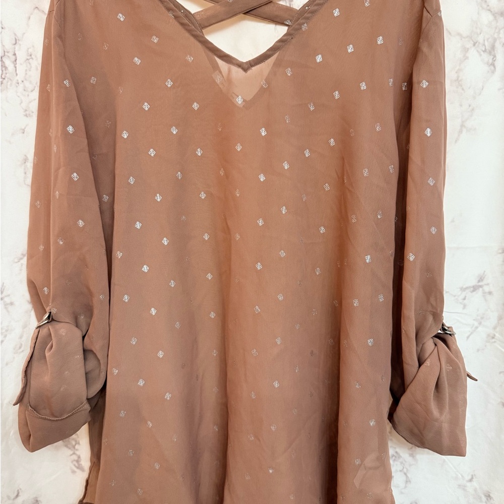 Maurices Brown V-Neck Crisscross Tunic with Metallic Dots